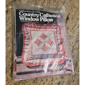 New! Vtg Country Cathedral Window Pillow Kit Cottage Lace Ruffle Red